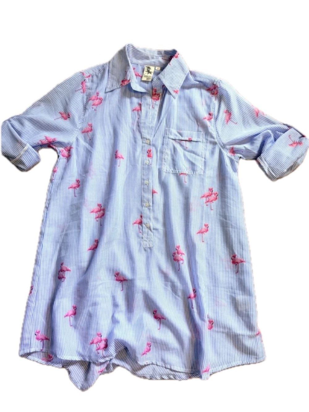 Violet Sky Blue White Striped Beach Cover Up Shirt Dress Flamingo Small